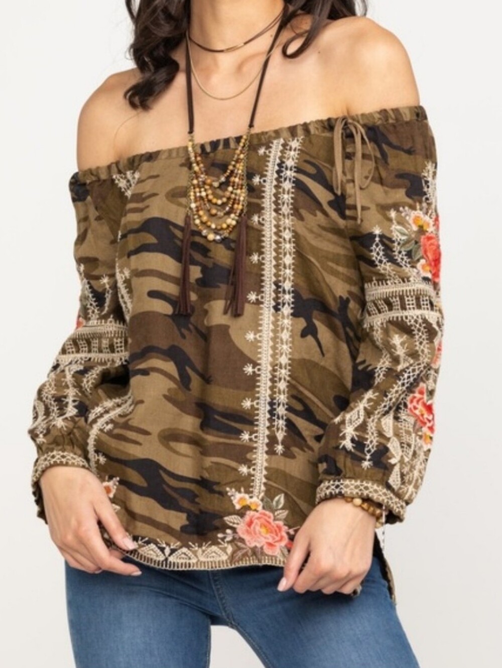 Johnny Was Camo Paola Peasant Tie Blouse